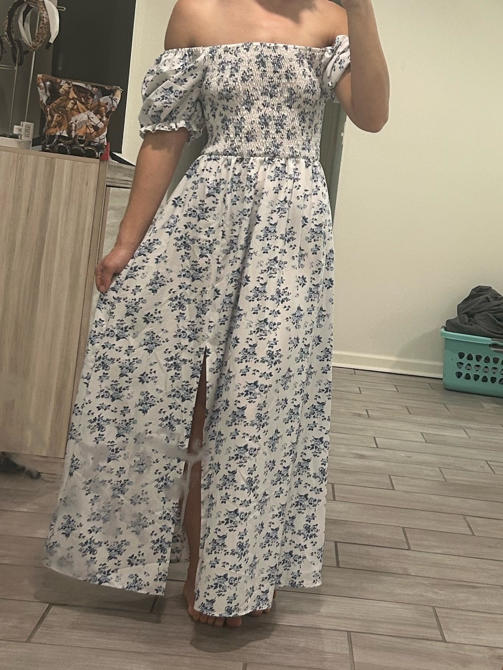 Shein White and Blue Floral Smocked Midi Dress